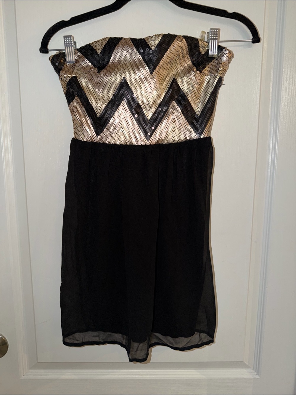 My Michelle gold and black sequin strapless dress
